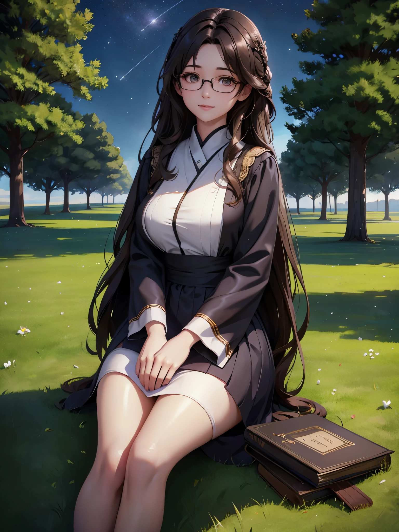 Young woman sitting on the grass reading a book, black long curly hair, wears glasses, Delicate smile, bright brown eyes, Looking Up The Sky, lamplight, full bodyesbian, Under a big tree, A farther field of view, A tent in the background, starrysky, illuminated night, Photography effects, 8K, 超詳細, hyper realisitc.