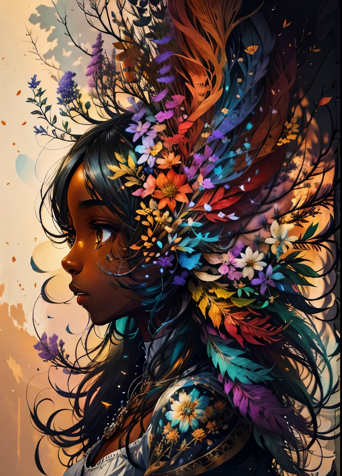 colorhalf00d,, vista de cima para baixo de uma gabrielle uniyon, perfil lateral, mulher negra, penas, flores silvestres, aceitação
