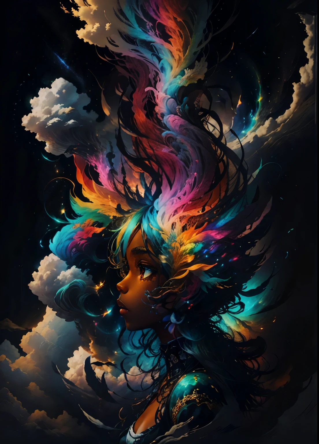 colorhalf00d,, top-down view of a gabrielle uniyon, side profile, black woman, feathers, clouds, acceptance