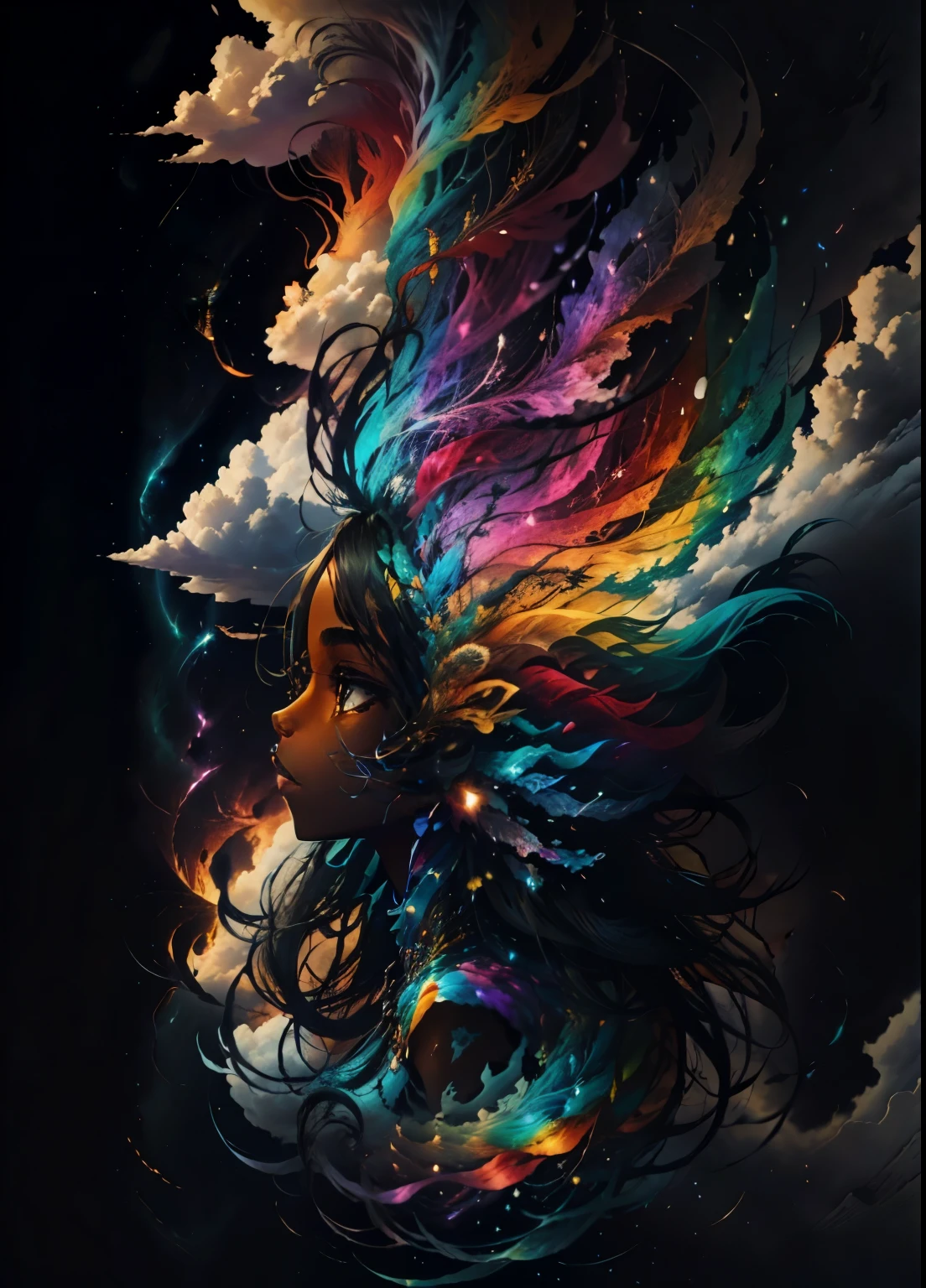 colorhalf00d,, top-down view of a gabrielle uniyon, side profile, black woman, feathers, clouds, acceptance