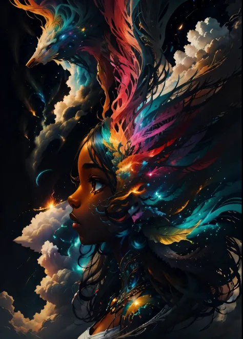 colorhalf00d,, top-down view of a gabrielle uniyon, side profile, black woman, feathers, clouds, acceptance