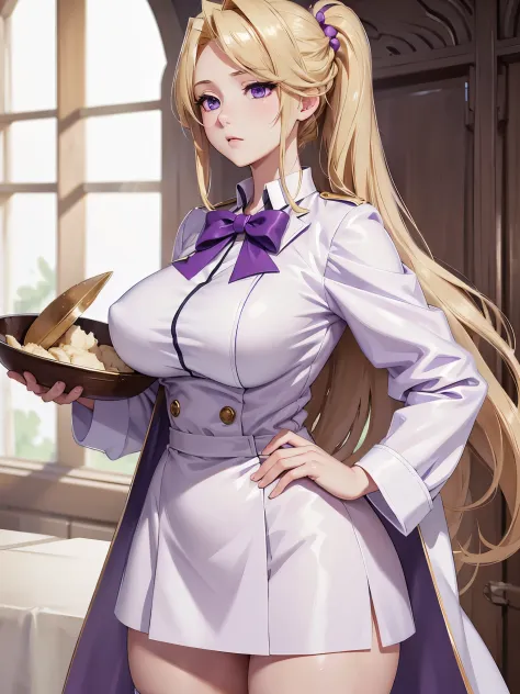 A high resolution, tmasterpiece, at least it has, Halberd-Eating Horse, blond hairbl, Alone, 1个Giant Breast Girl, cute big breasts, 詳細な目, long whitr hair, a purple eye, Chef outfit, White jacket, white pantie