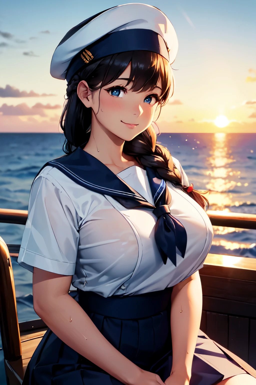 (High quality, High resolution, Fine details), Realistic, (navy), sailing ship, prow of the ship, sunset, glittering ocean, white clouds, solo, curvy women, navy sailor hat, navy blue sailor uniform, braided hair, sparkling eyes, (Detailed eyes), smile, Sweat, Oily skin, shallow depth of field