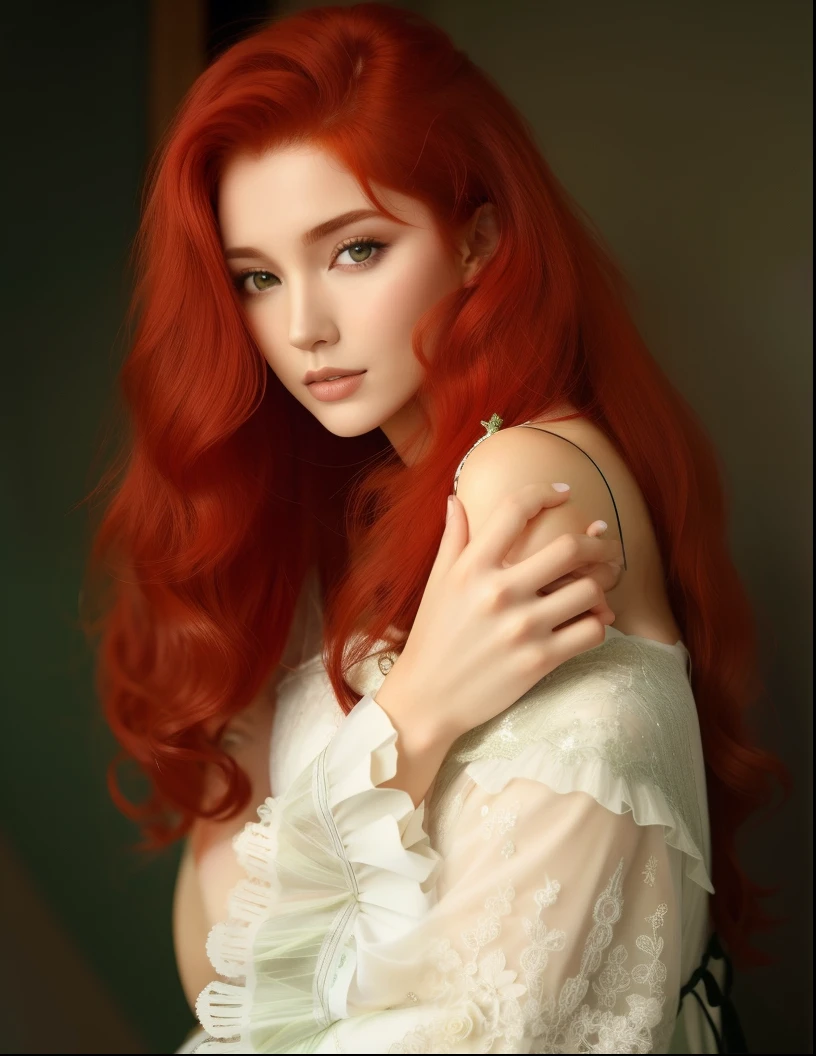 A close up of a woman with red hair and a white dress - SeaArt AI