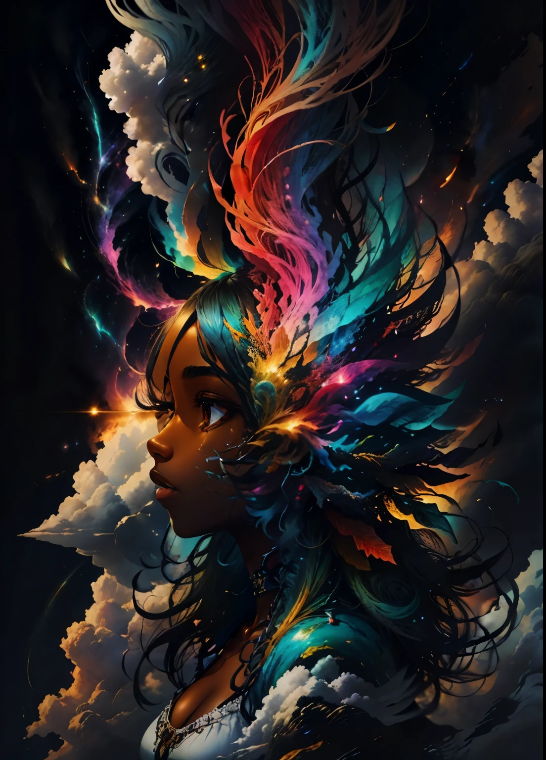 colorhalf00d,, top-down view of a gabrielle uniyon, side profile, black woman, feathers, clouds, acceptance