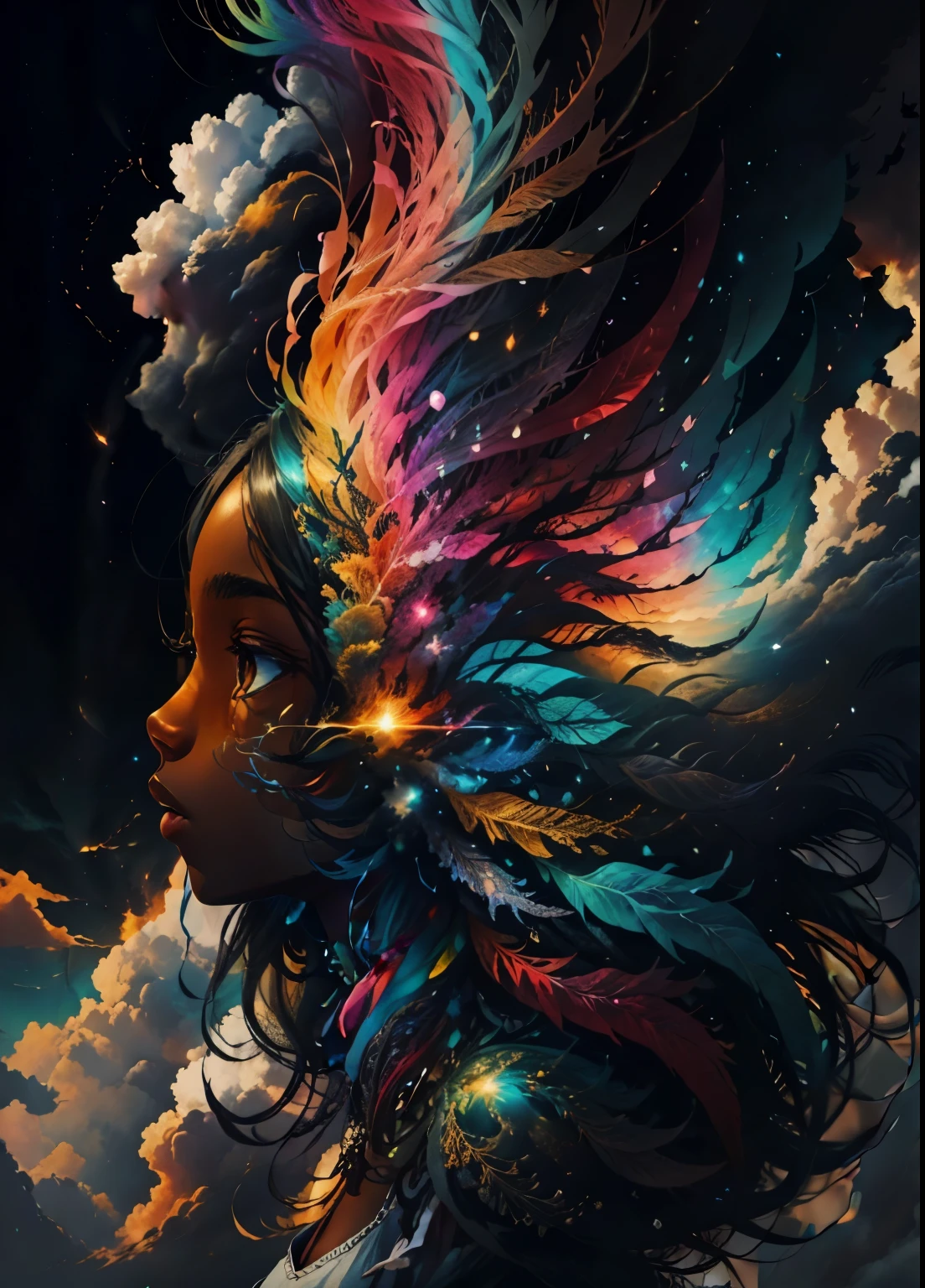 colorhalf00d,, top-down view of a gabrielle uniyon, side profile, black woman, feathers, clouds, acceptance