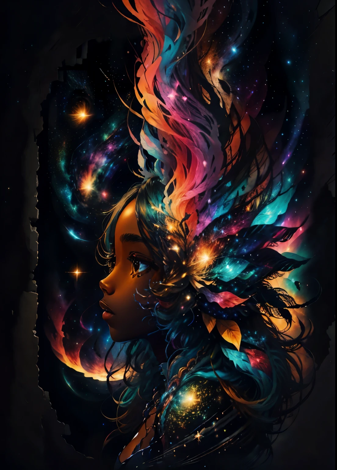 colorhalf00d,, top-down view of a gabrielle uniyon, side profile, black woman, feathers, clouds, acceptance, starry