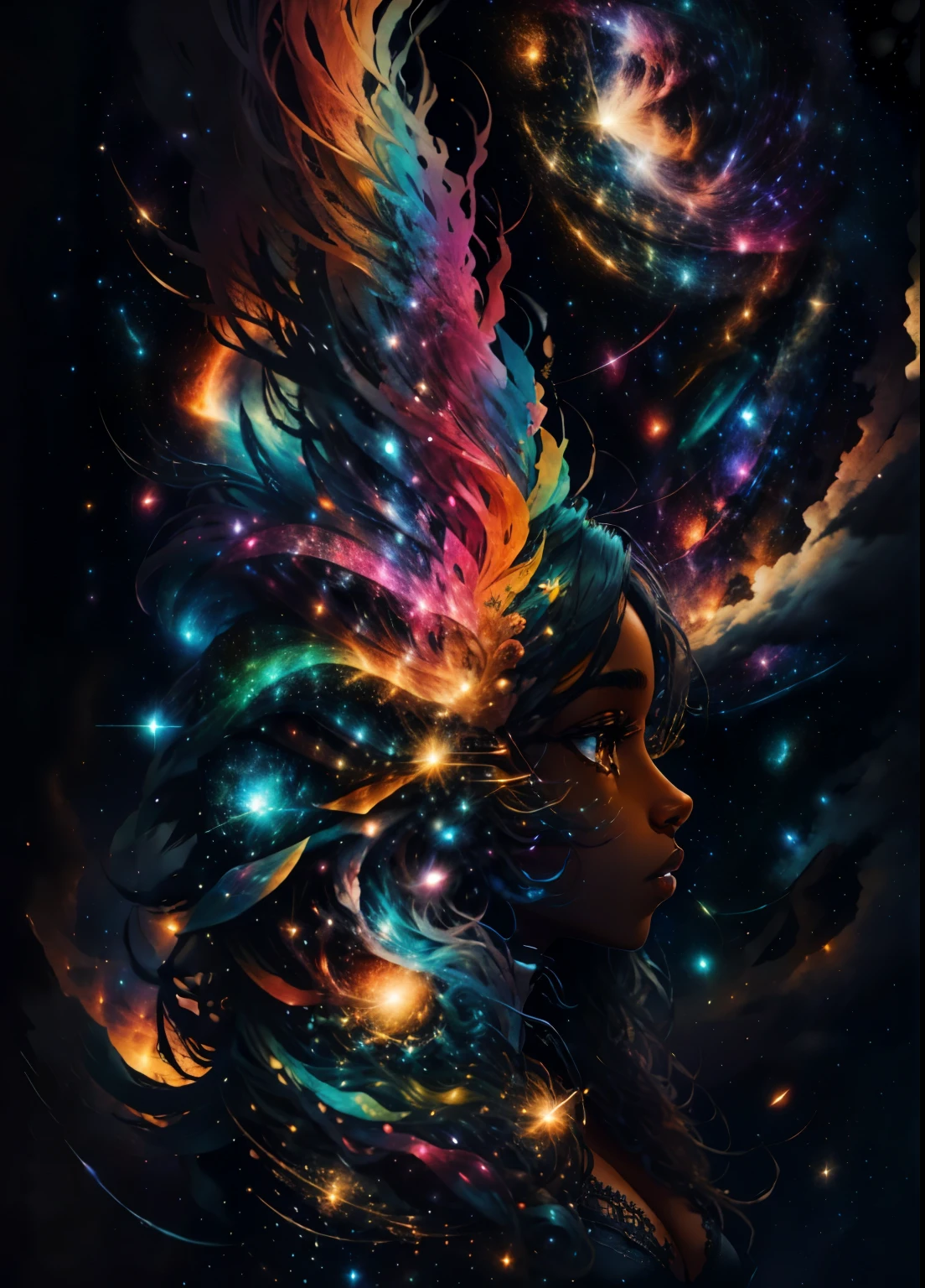 colorhalf00d,, top-down view of a gabrielle uniyon, side profile, black woman, feathers, clouds, acceptance, starry, sky background