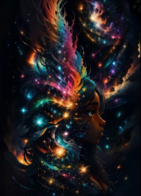 colorhalf00d,, top-down view of a gabrielle uniyon, side profile, black woman, feathers, clouds, acceptance, starry, sky backgro...