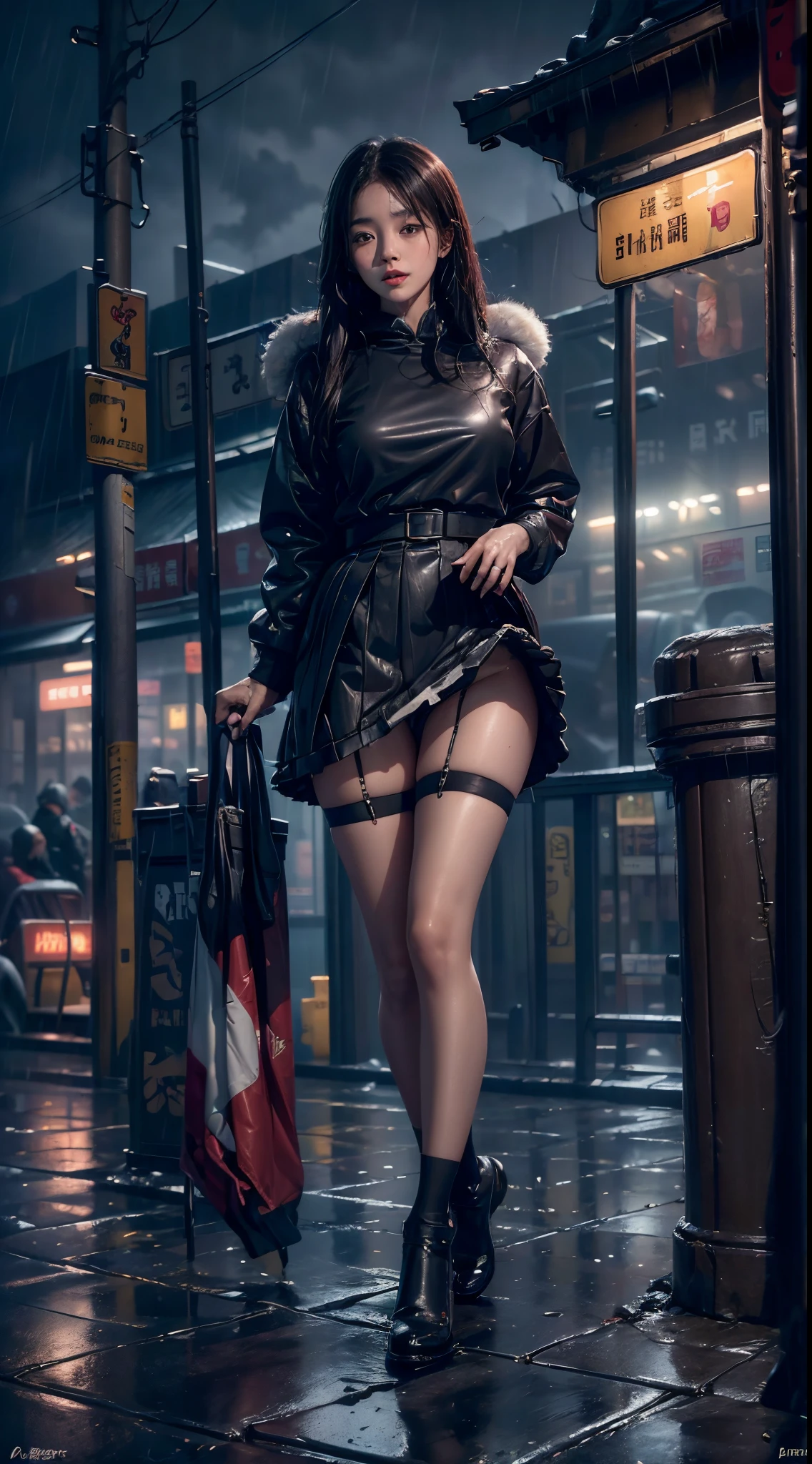 ((8K，tmasterpiece，Best quality，hyper-detailing，realistically))，Extremely detailed face，电影灯光，电影灯光，ray traycing，unlit hair， On cloudy streets，Corner store，Bus stop，Torrential rain and heavy rain，Girl with long black hair and black eyes.。(She was wearing a red fur-trimmed hooded jacket，White color blouse，Short black skirt and black garter belt，Clothes soaked by rain，Black exposure，Outdoor depth tent ），Cinema lens lighting