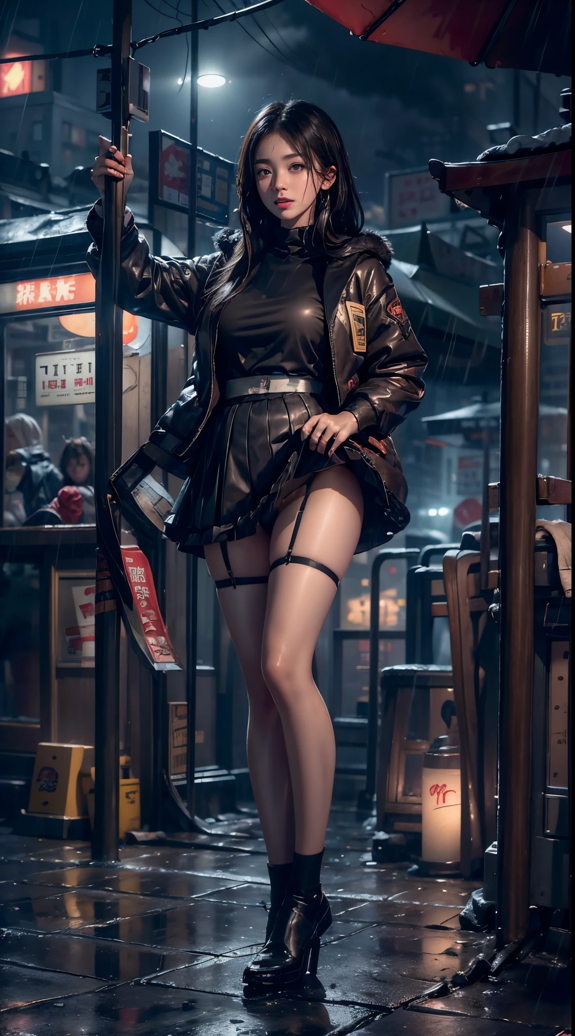 ((8K，tmasterpiece，Best quality，hyper-detailing，realistically))，Extremely detailed face，电影light，light，ray traycing，unlit hair， On cloudy streets，Corner store，Bus stop，Torrential rain and heavy rain，Girl with long black hair and black eyes.。(She was wearing a red fur-trimmed hooded jacket，White color blouse，Short black skirt and black garter belt，Clothes soaked by rain，Black exposure，Outdoor depth tent ），Cinema lens lighting