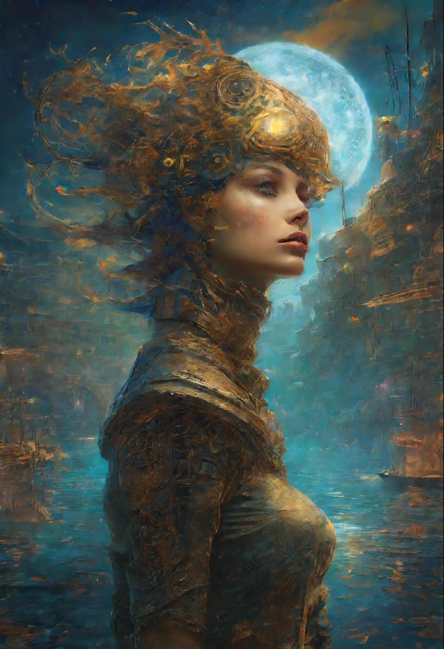 A painting of a woman with a headdress and a full moon - SeaArt AI