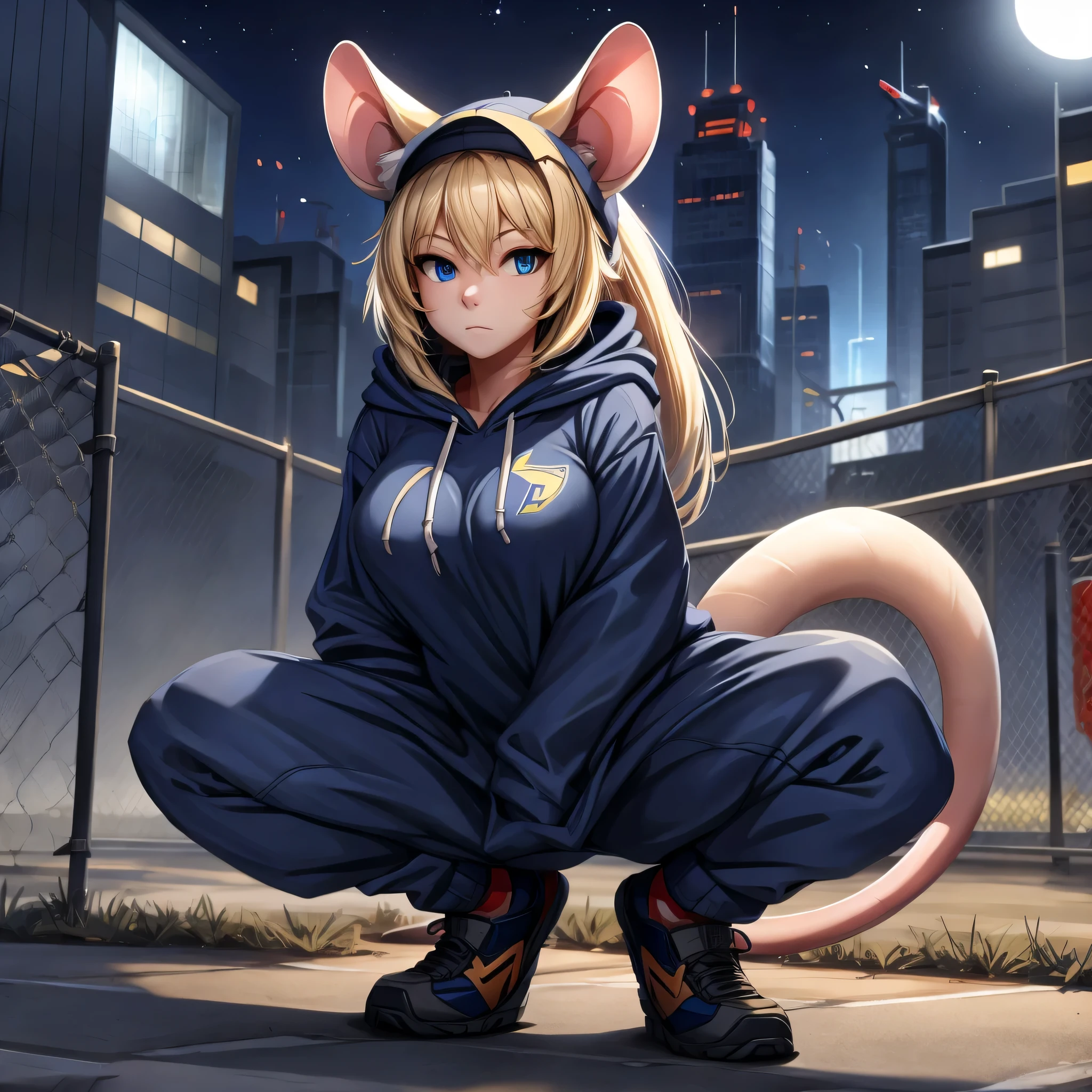 (Masterpiece) (High Detail) (High Res) A short humanoid girl with blue eyes and long blonde hair and blonde mouse ears and a short thin mouse tail and average breasts. She is breaking through the security fence outside a modern laboratory building. It is nighttime, she is wearing a dark navy hoodie and a baseball cap and black baggy combat pants. There are search lights on towers in the background. She is crouched by the mesh fence holding some bolt-cutters.