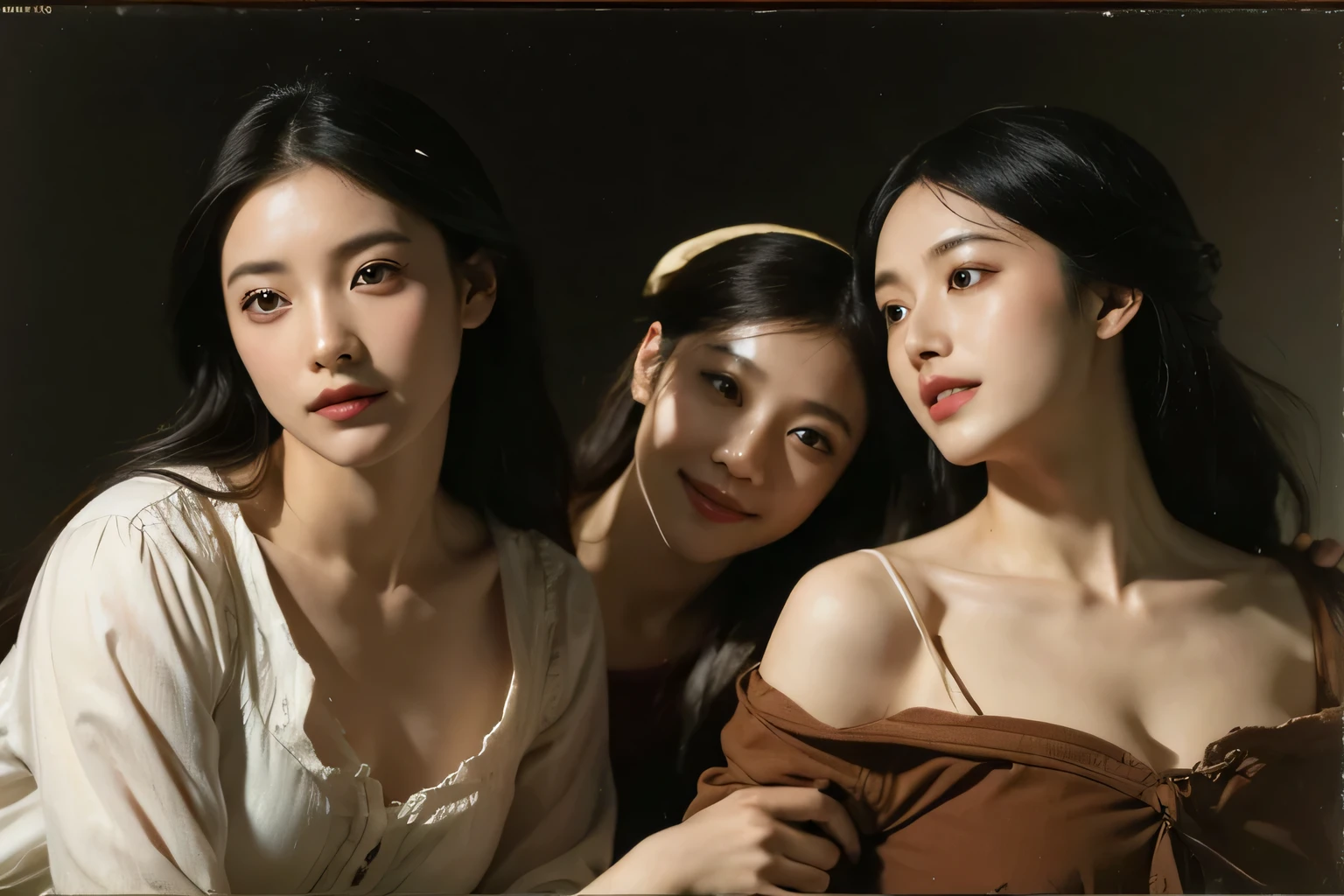 Female painters heading to easels,Ancient Roman landscape in the style of Poussin,A smile,,Sweet and seductive appearance.、Caravaggio's paintings、Chiaroscuro of Caravaggio、Hair disheveled in the wind,Two women frolicking,Cute smile, Expression of ecstasy,A sexy,erotick