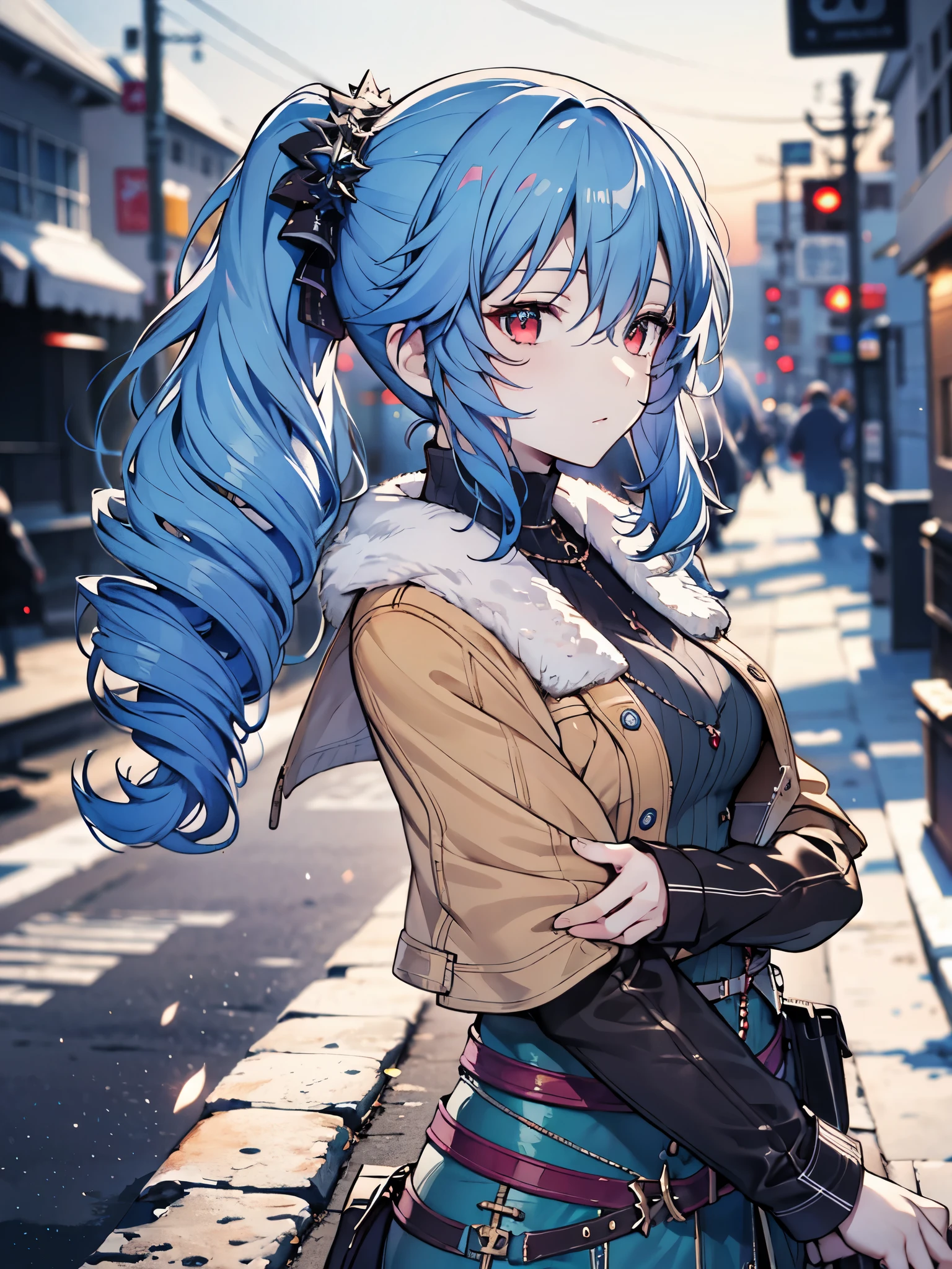 detailed, (masterpiece:1.2), (pale skin:1.2), (blurred_background), (dynamic_pose), (solo:1.2), (female), (emphasis lines:1.3), slender, blue hair, side ponytail, red eyepresionless), day, (winter), tundra, (outdoors)