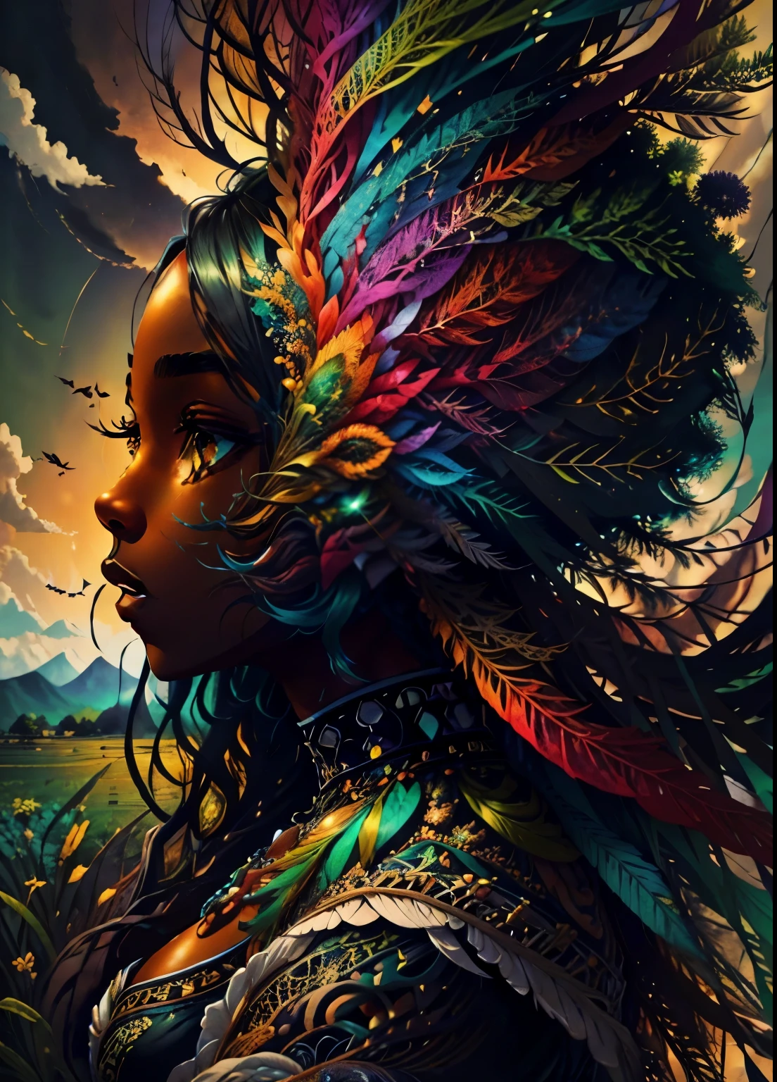 colorhalf00d,, top-down view of a black woman, feathers, acceptance, (green fields in the background) vibrant, beautiful, intricate, highly detailed