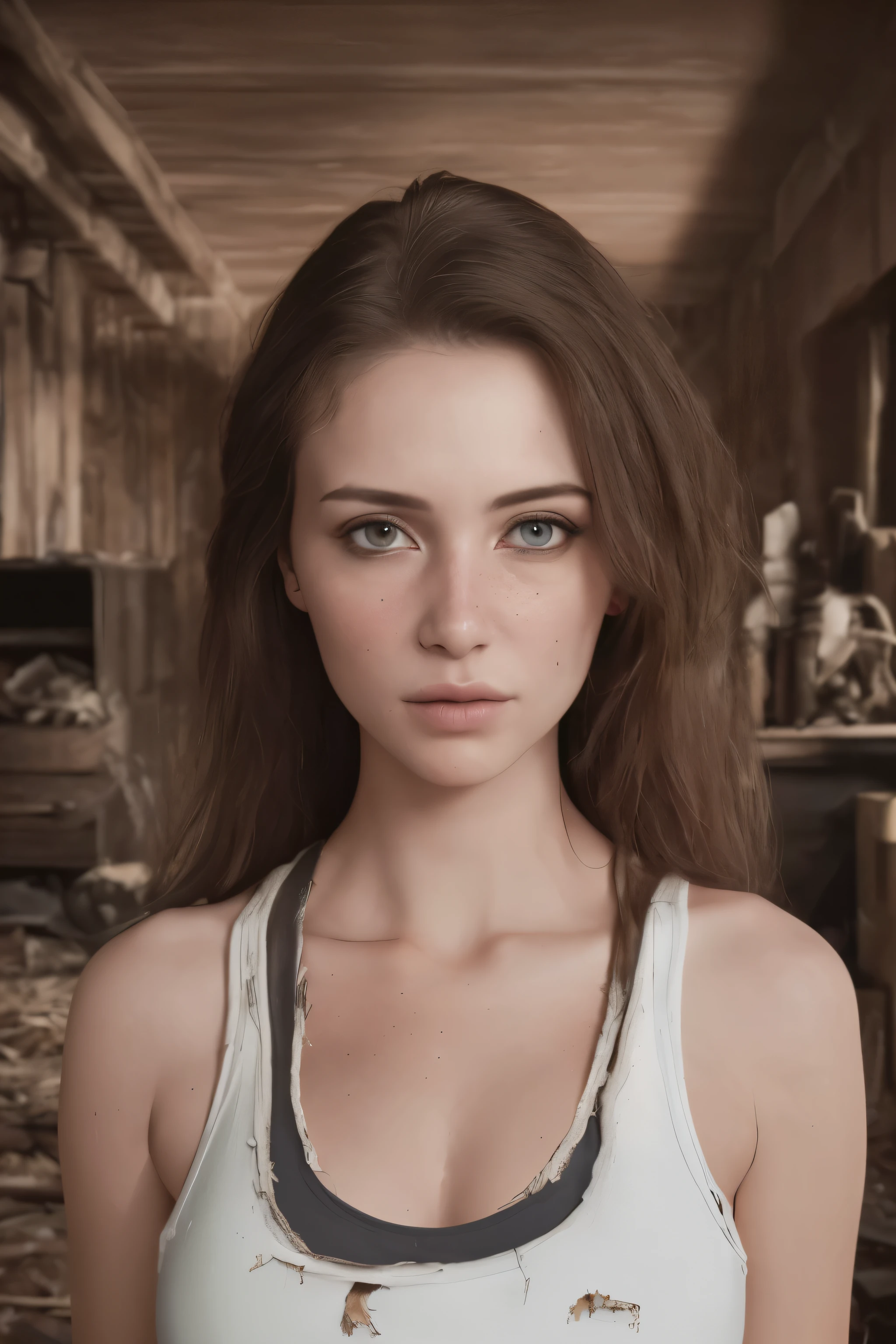 hyper real photo of ((woman inside a cluttered barn wearing sexy worn-out torn cotton tanktop)), ((detailed realistic face and eyes)), cinematic lighting, 8k resolution, (modelshoot style), sunset, (from_below:1.4), soft small nipples covered by (ripped torn cotton tanktop), natural breasts