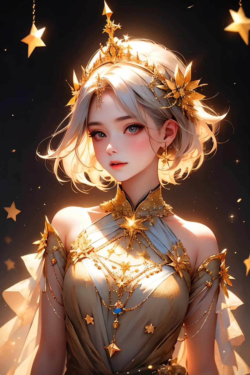 1girl, bird, gold eyes,gold hair, blurry, starry background, stars, lips, medium short hair , ((masterpiece)), gold dress, star crown, beautiful eyes,