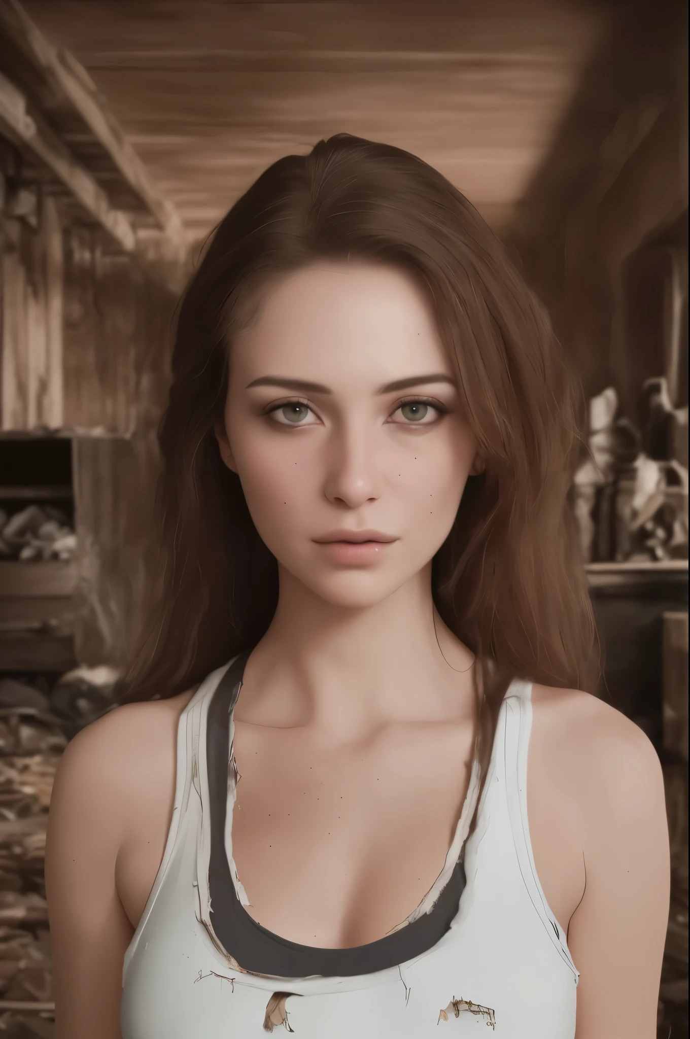 hyper real photo of ((woman inside a cluttered barn wearing sexy worn-out torn cotton tanktop)), ((detailed realistic face and eyes)), cinematic lighting, 8k resolution, (modelshoot style), sunset, (from_below:1.4), soft small nipples covered by (ripped torn cotton tanktop), natural breasts