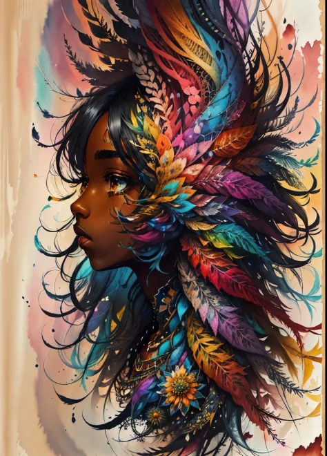 colorhalf00d,, top-down view of a black woman, feathers, acceptance, watercolor background, vibrant, beautiful, intricate, highl...