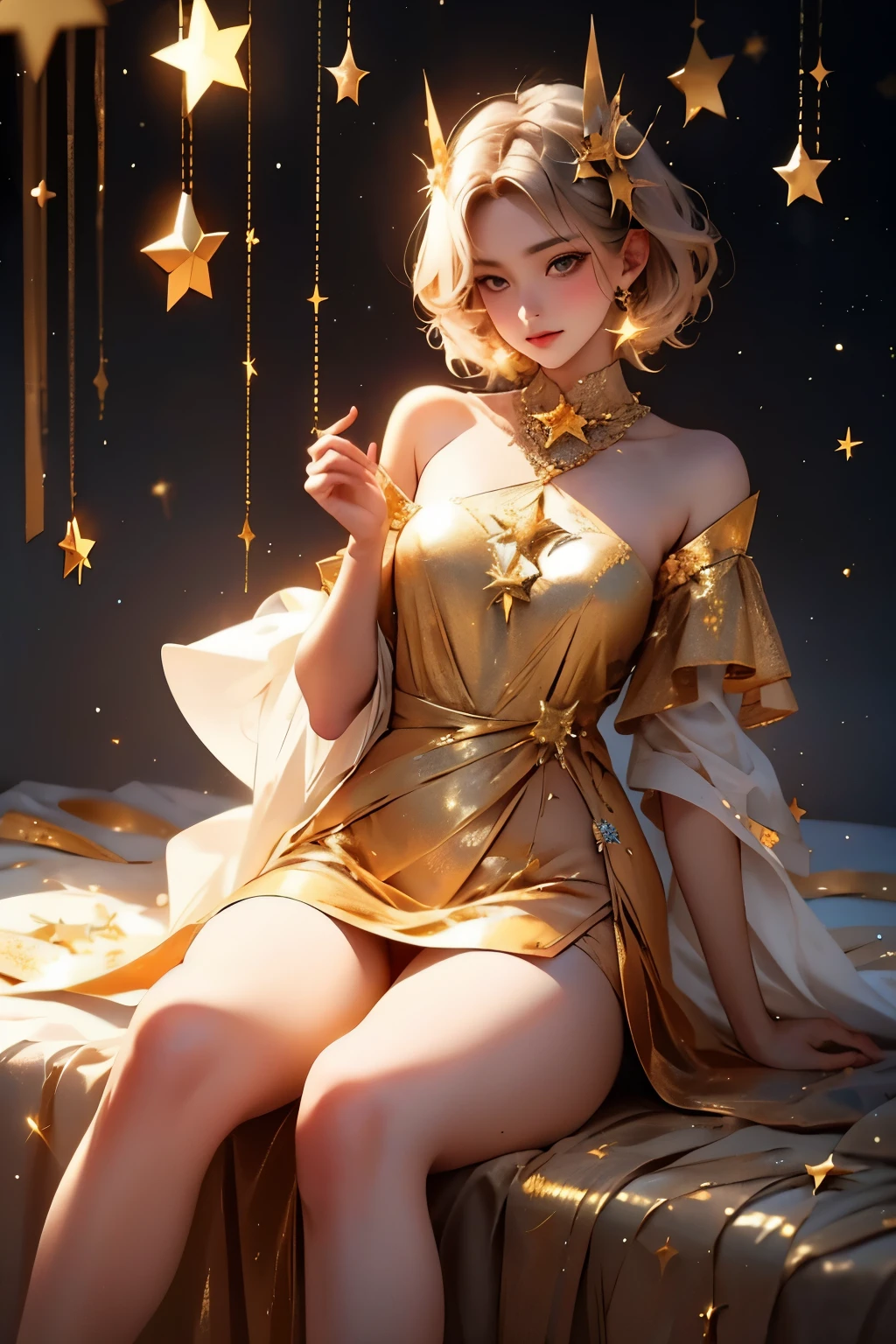 1girl, bird, gold eyes,gold hair, blurry, starry background, stars, lips, medium short hair , ((masterpiece)), gold dress, star crown, beautiful eyes, sitting, slightly showing panty, shy look