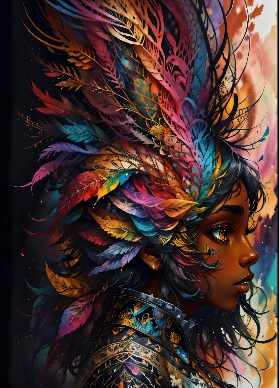 colorhalf00d,, visão de cima para baixo de uma mulher negra, penas, aceitação, fundo aquarela, vibrante, lindo, Intrincado, Altamente detalhado