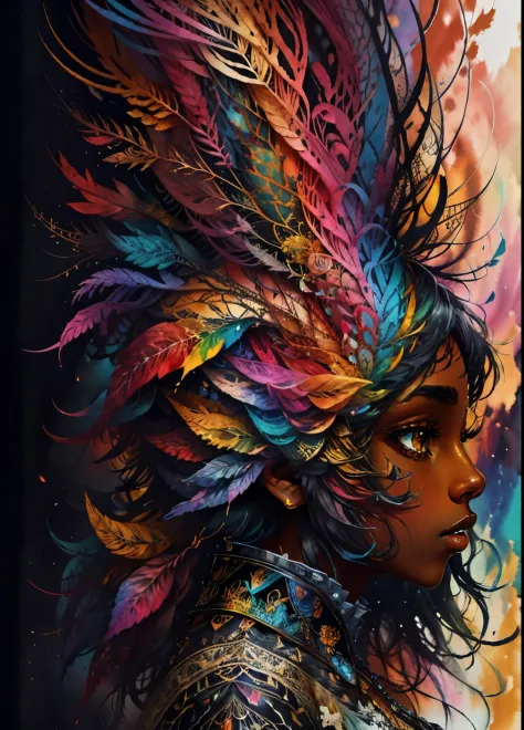 colorhalf00d,, top-down view of a black woman, feathers, acceptance, watercolor background, vibrant, beautiful, intricate, highl...