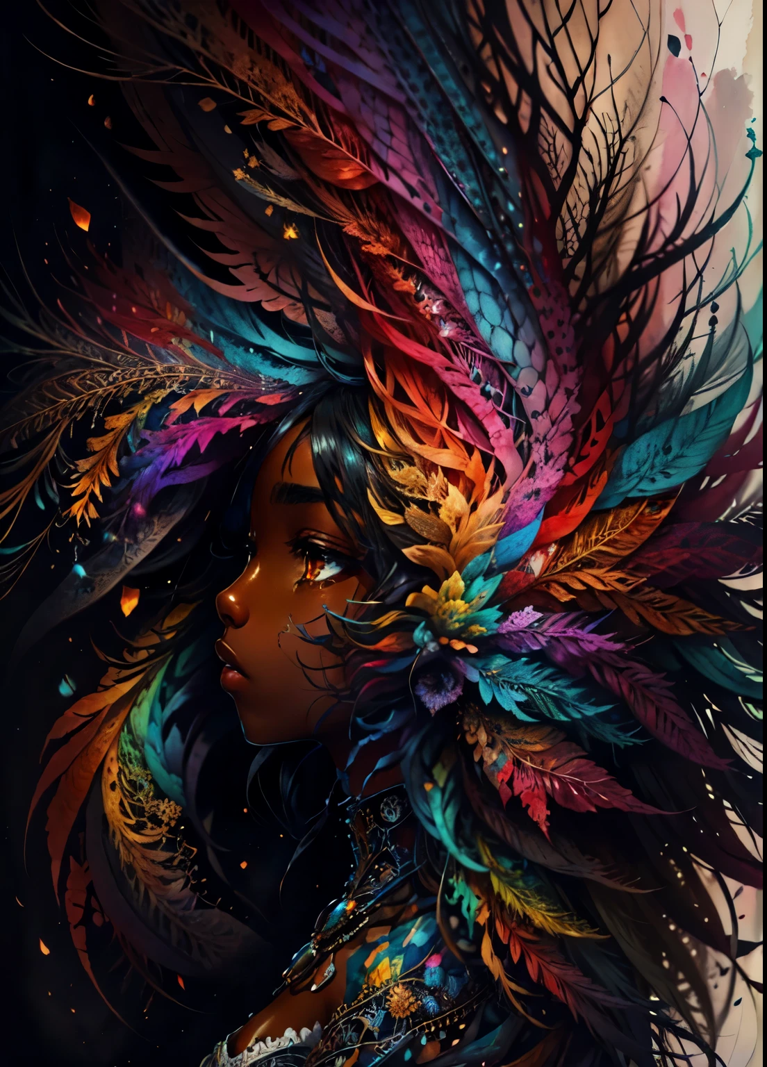 colorhalf00d,, visão de cima para baixo de uma mulher negra, penas, aceitação, TRISTEZA, fundo aquarela, vibrante, lindo, Intrincado, Altamente detalhado