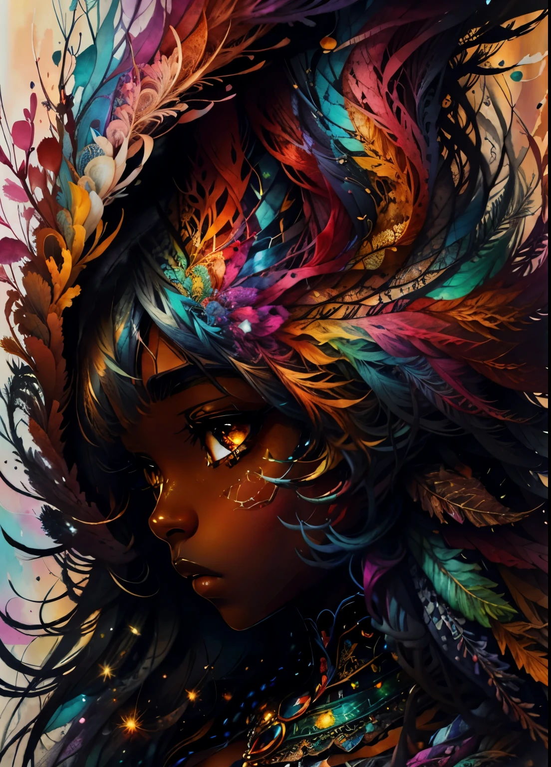 colorhalf00d,, top-down view of a black woman, feathers, acceptance, sadness, watercolor background, vibrant, beautiful distinctive eyes, intricate, highly detailed