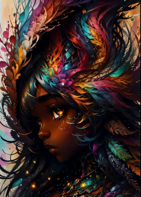 colorhalf00d,, top-down view of a black woman, feathers, acceptance, sadness, watercolor background, vibrant, beautiful distinct...