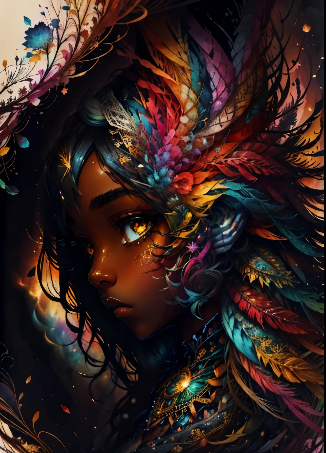 colorhalf00d,, top-down view of a black woman, feathers, acceptance, sadness, watercolor background, vibrant, beautiful distinctive eyes, intricate, highly detailed