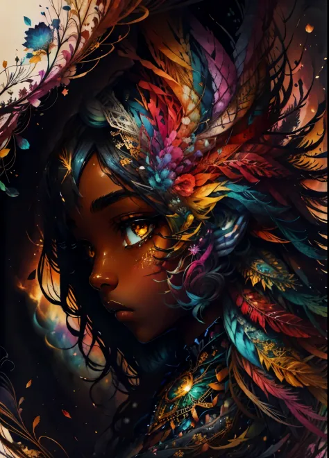 colorhalf00d,, top-down view of a black woman, feathers, acceptance, sadness, watercolor background, vibrant, beautiful distinct...