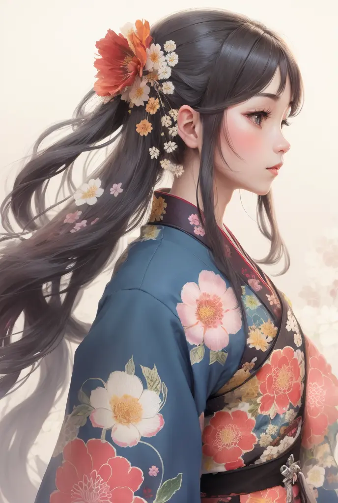 make it a color illustration,painting of a beautiful woman with long hair and flowers in her hair, chinese style kimono,vibrant ...