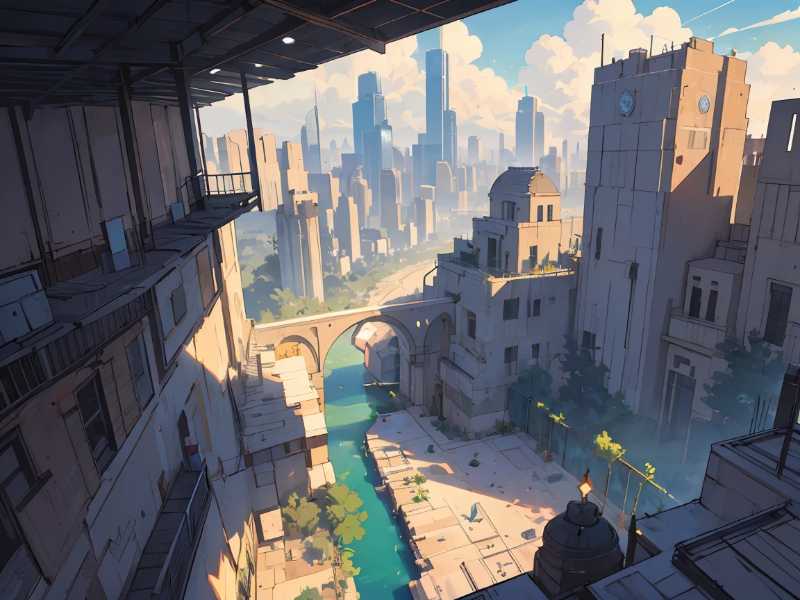 environment design, a Futuristic great city in the desert, nice weather, sun shining with pretty clouds, zoom-out top view,