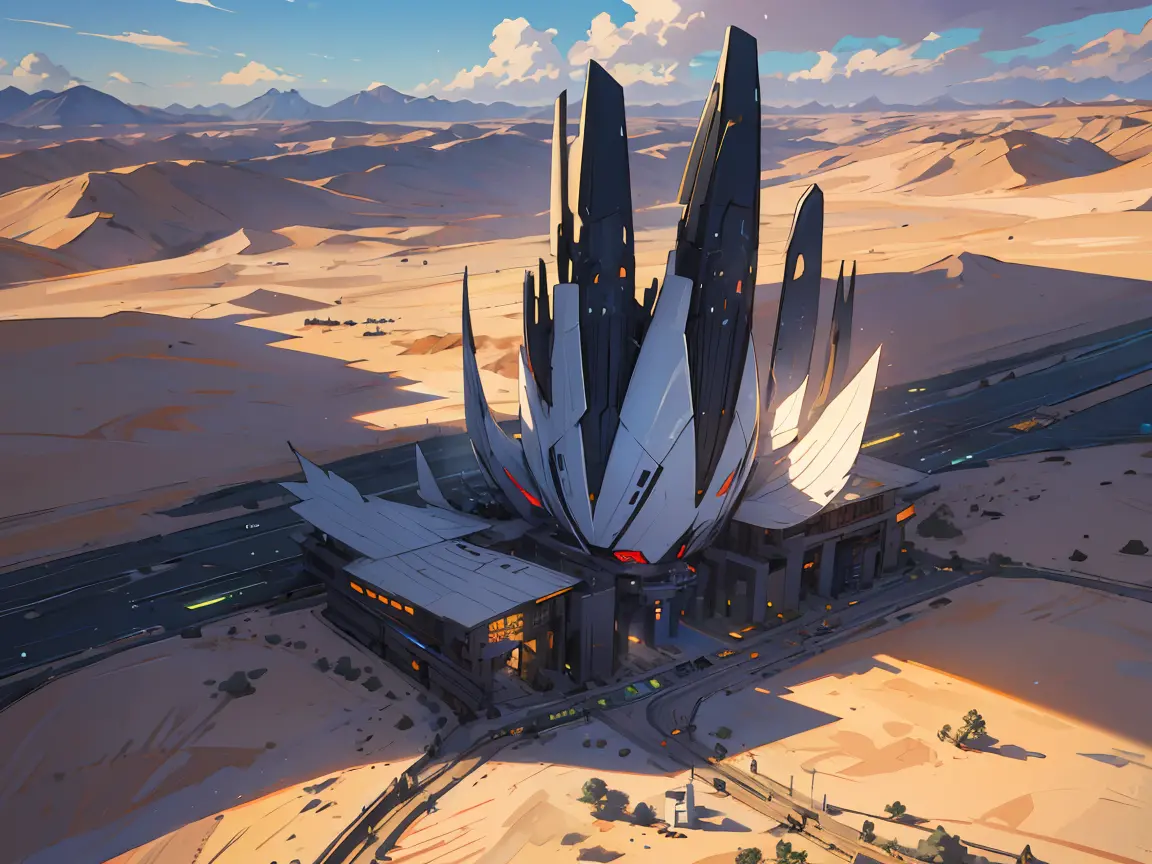 environment design, a Futuristic great city in the desert, nice weather, sun shining with pretty clouds, zoom-out top view,