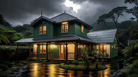 Vintage wooden house, lush small house, beautiful house, night, lights on, Costa Rica green rainforest, Heavy rain falling on the roof, Emphasizing the contrast between the natural environment and the rainwater flowing from the roof, dark scene after the r...