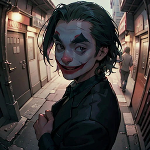 ( Masterpiece, best quality, cinematic lighting, backlit, rim light, hard light, fisheye:1.2 ), (( high angle shot overhead pov )), ( dark alley street:1.2, joker from batman, various hand gestures against viewer , looking at viewer), narrow face:1.5, long face.1.7, sunken cheeks:1.6, smiling from eye to eye:1.8, wearing purple suit, ( ambient lighting, under exposure, 8K, UHD)