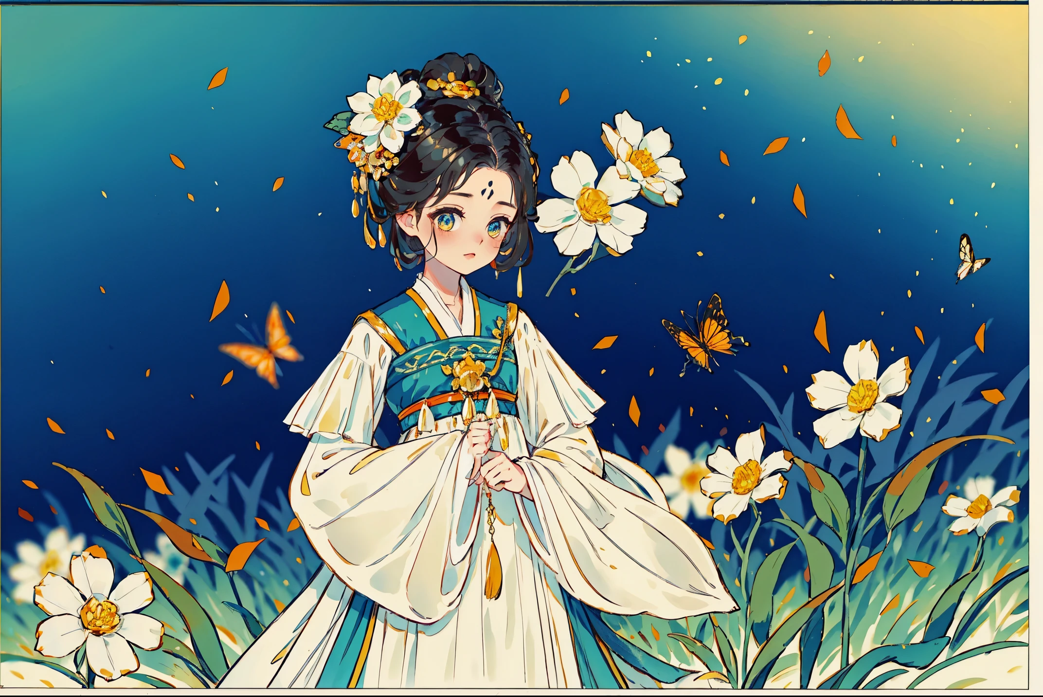 1 Sister, Alone, looking at viewert, face flushed, Background with, black hair color hair, hair adornments, longer sleeves, white backgrounid, Eternal, Full body lesbian, golden colored, flowers blooming, hairflower, hair-bun, butterflys, tmasterpiece, recent quality, The finest details, Clear facial features, beautidful eyes