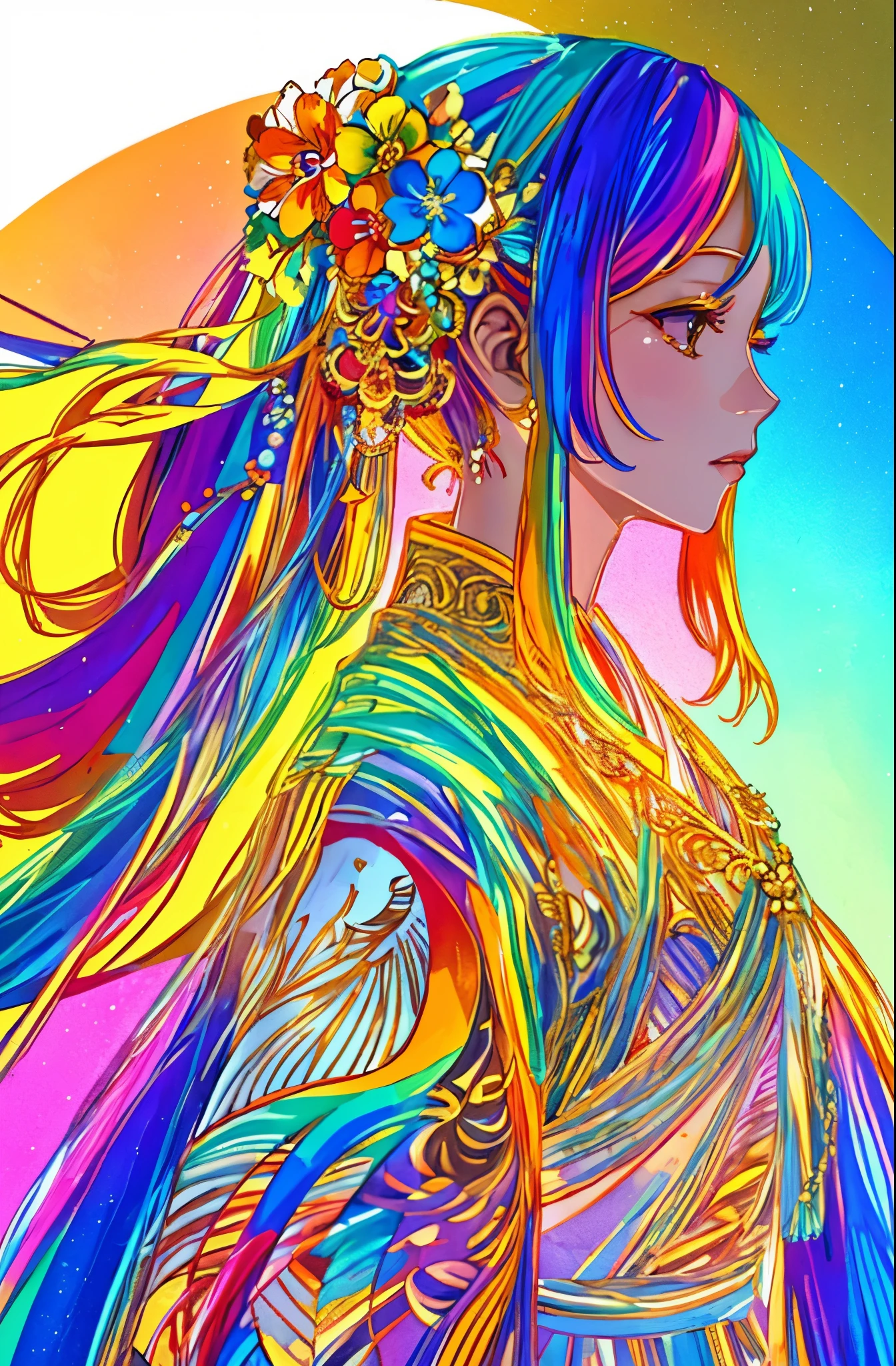 (Beauty side face,Long colored hair,closing her eyes,Masterpiece Narcissus),with rainbow colored background, (illustration:1.2,paper art:1.2, zentangle, a 3D render),(Best quality, high detal, masutepiece, Cinematic lighting, 4K, Chiaroscuro)