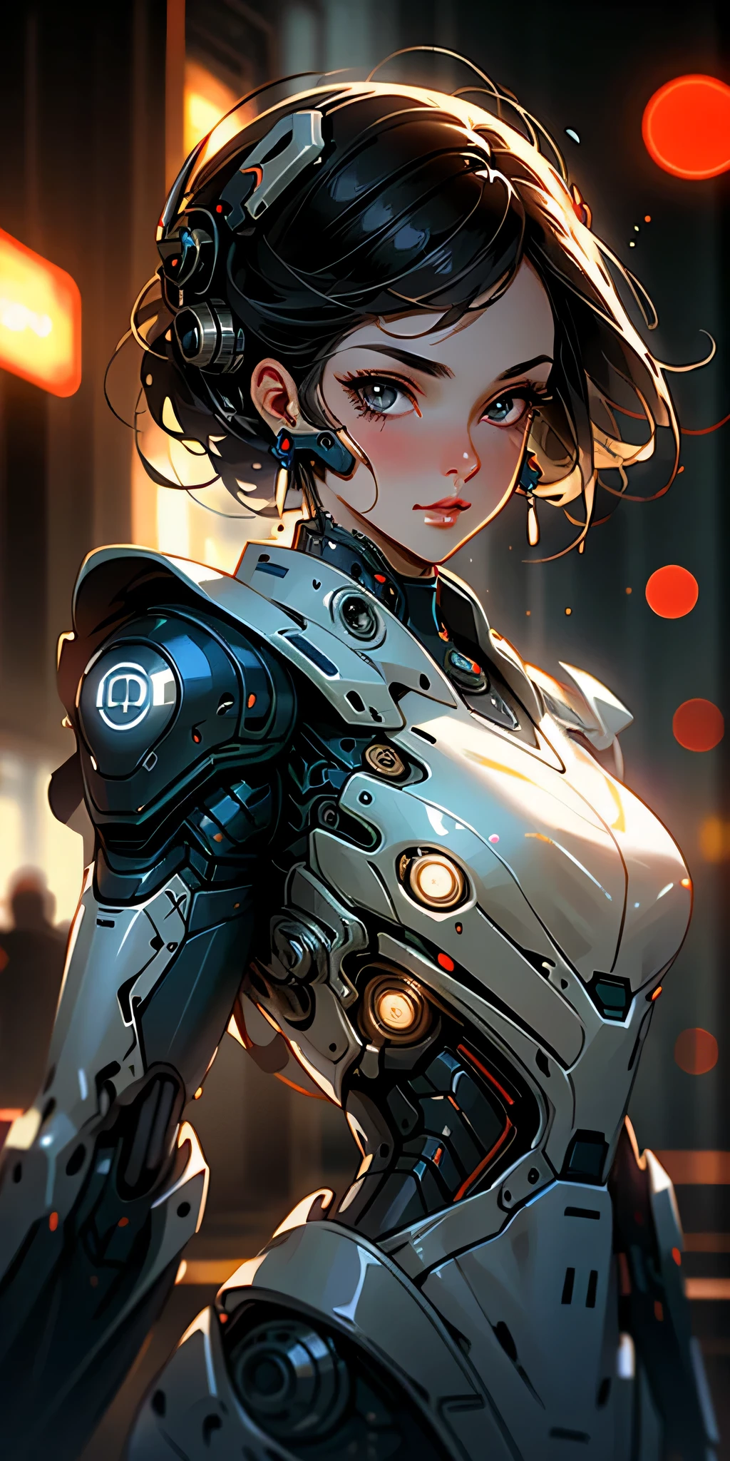 Foto do retrato de uma mulher beuatiful ,olhos perfeitos , em um exosuit mecha desgastado,((bokeh claro)), metal intricaeel [rusegante, foco nitído, foto de Greg Rutkowski, iluminação suave, cores vibrantes, obra de arte, ((ruas)), rosto detalhado