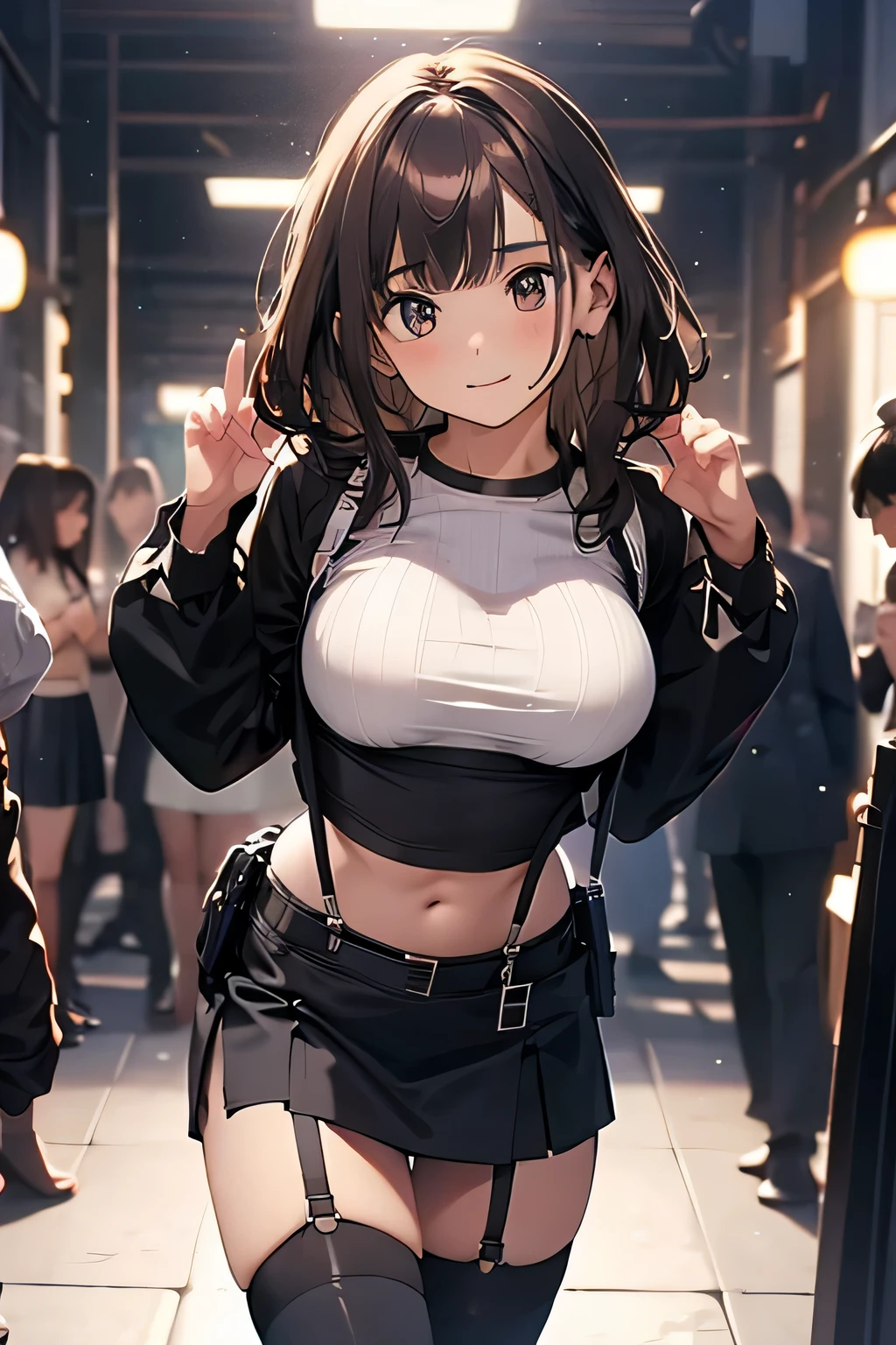 Brown hair、watching at viewers　　　black suspenders　　　bulging big tits　　 　 　　　walls: 　Black miniskirt　garters　　　　　　Gaze　　　a small face　bangss 　　　holster　　　Beautuful Women　　Hands up　　レッグholster ベッドに横たわる　　Gaze 　black boots panty shot　Provocation　flank　flank汗　Soio 　arms are