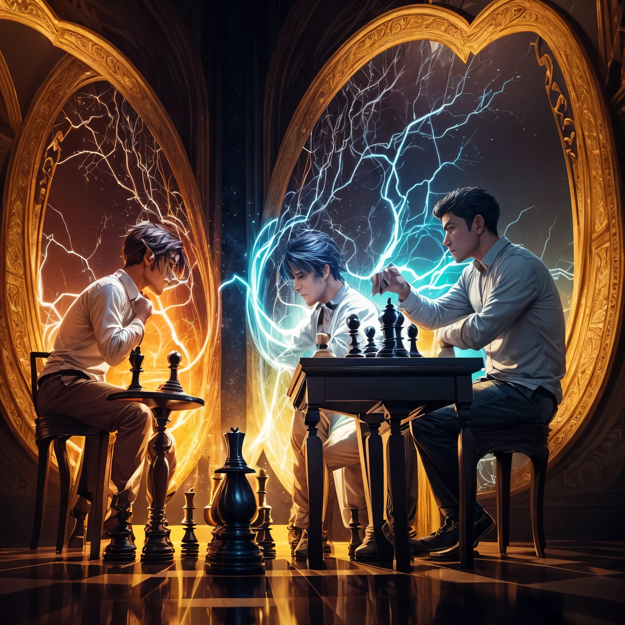 élre is a detailed prompt for a YouTube thumbnail image themed “Playing Chess with the Emotional Shadow”:

La imagen en miniatura está diseñada para transmitir una sensación de dualidad emocional y conflicto interno.. El escenario es una dimensión paralela., posiblemente representando el mundo de los sueños, con colores vibrantes y surrealistas.

en el centro de la imagen, Hay un hombre sentado en una mesa de ajedrez.. él&#39;s jugando ajedrez consigo mismo, Con una expresión de determinación y reflexión en su rostro.. El hombre está representado en colores brillantes., colores vívidos, Simboliza tu naturaleza positiva y autotransformación..

frente a el, Hay un negativo, Versión oscura de tu sombra emocional. Esta sombra tiene una apariencia distorsionada y oscura., Representando los aspectos más negativos y oscuros de tus emociones.. La sombra está sentada frente al hombre., También jugando ajedrez, con una expresión desafiante y hostil.

El tablero de ajedrez se sitúa entre el hombre y su sombra emocional., dividiéndolos simétricamente. El tablero puede tener colores contrastantes y líneas nítidas., destacando la dualidad y el conflicto entre las dos partes.

El paisaje circundante puede ser una dimensión paralela surrealista., con elementos oníricos como nubes flotantes, estrellas centelleantes o un paisaje mágico. Los colores pueden variar entre tonos vibrantes y contrastantes., como azul eléctrico, morado intenso y naranja intenso, Para crear una sensación de misterio y fascinación..

En la parte superior de la imagen, en letras visibles y legibles, Puede ser un título relacionado con el tema tratado., como “Jugar al ajedrez con la sombra emocional”: Enfrentando a tus demonios internos”. Debajo del título, Puede haber una frase destacada que enfatice el viaje de autotransformación y autoconocimiento..

La imagen está diseñada para transmitir una sensación de dualidad emocional y la importancia de enfrentar e integrar los aspectos negativos de nuestras emociones... Los elementos visuales enfatizan la autorreflexión., confrontación interna y crecimiento emocional