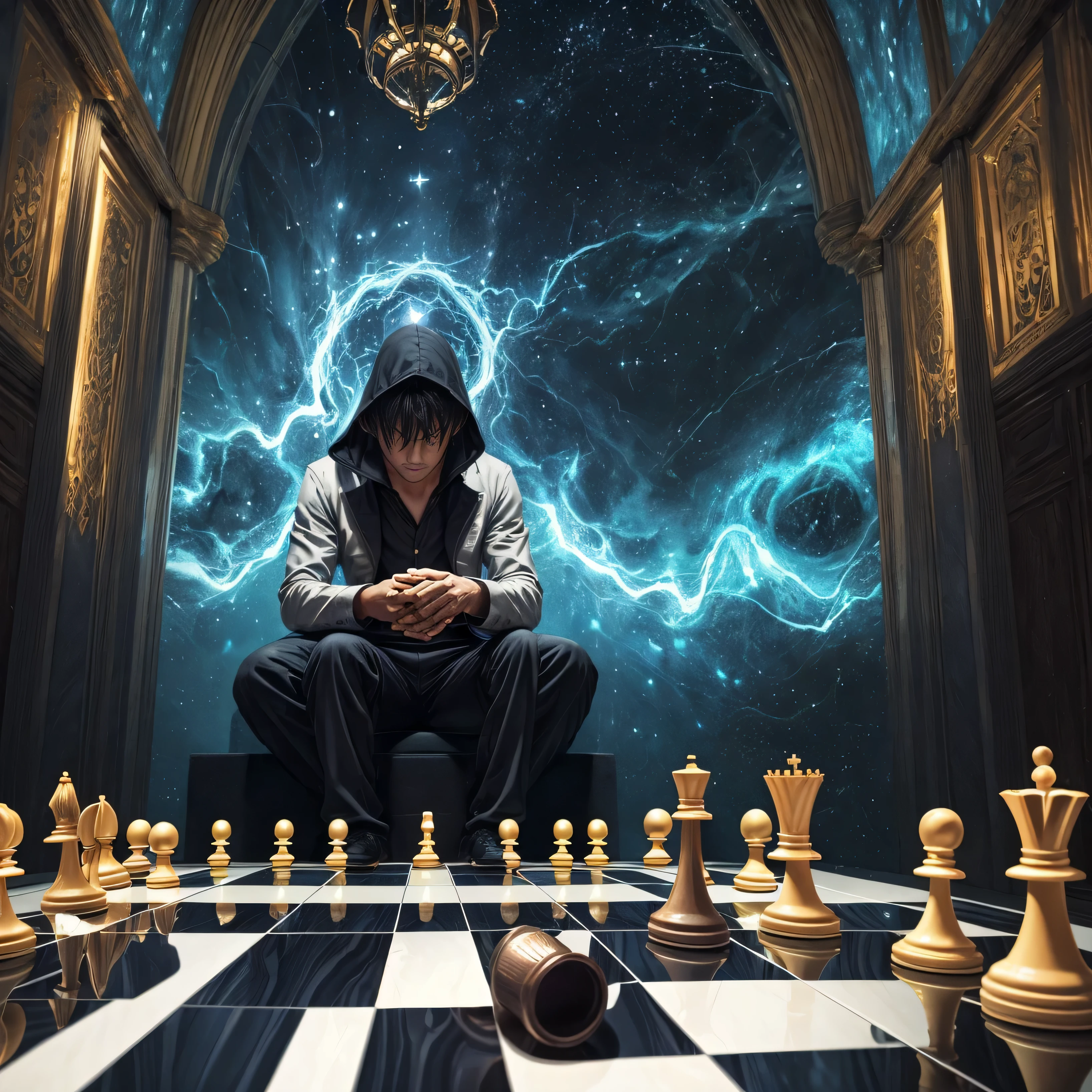 elere is a detailed prompt for a YouTube thumbnail image themed “Playing Chess with the Emotional Shadow”:

The thumbnail image is designed to convey a sense of emotional duality and internal conflict. The setting is a parallel dimension, possivelmente representando o mundo dos sonhos, com cores vibrantes e surreais.

no centro da imagem, there is a man sitting at a chess table. ele&#39;is playing chess with himself, with an expression of determination and reflection on his face. The man is represented in bright colors, vivid colors, symbolizing your positive nature and self-transformation.

Em frente a ele, there is a negative, dark version of your emotional shadow. This shade has a distorted and dark appearance, representing the most negative and dark aspects of your emotions. The shadow is sitting in front of the man, also playing chess, with a defiant and hostile expression.

The chessboard is positioned between the man and his emotional shadow, dividindo-os simetricamente. The frame may have contrasting colors and sharp lines, destacando a dualidade e o conflito entre as duas partes.

The surrounding landscape can be a surreal parallel dimension, with dreamlike elements, como nuvens flutuantes, twinkling stars or a magical landscape. As cores podem variar entre tons vibrantes e contrastantes, as electric blue, roxo profundo e laranja intenso, to create a sense of mystery and fascination.

No topo da imagem, in visible and legible letters, It can be a title related to the topic covered, as “Playing Chess with the Emotional Shadow: Facing your inner demons”. Below the title, there may be an explanatory phrase that emphasizes the journey of self-transformation and self-knowledge.

The image was designed to convey a sense of emotional duality and the importance of facing and integrating the negative aspects of our emotions.... Visual elements emphasize self-reflection, o confronto interno e o crescimento emocional