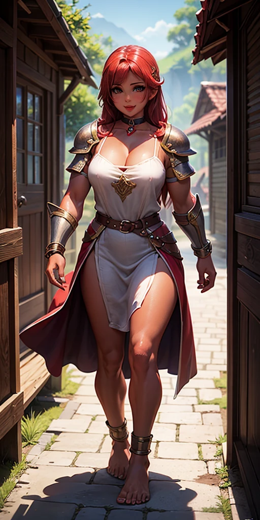 full body, female slave barefoot, Solo, female, (red skin), linen tunic, fantasy village, muscular, armor, slave outfit, armor, slave, bracers, shackles, choker