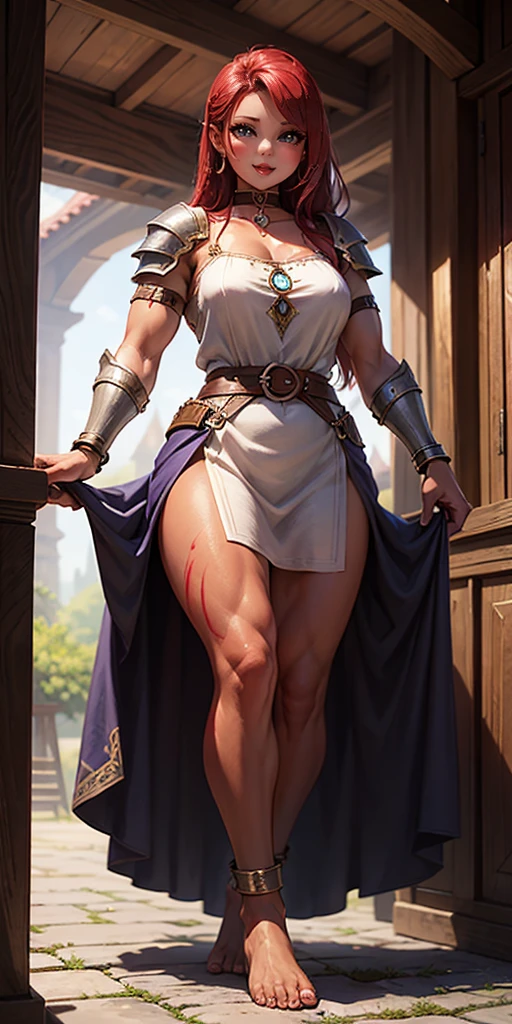 full body, female slave barefoot, Solo, female, (red skin), linen tunic, fantasy village, muscular, armor, slave outfit, armor, slave, bracers, shackles, choker