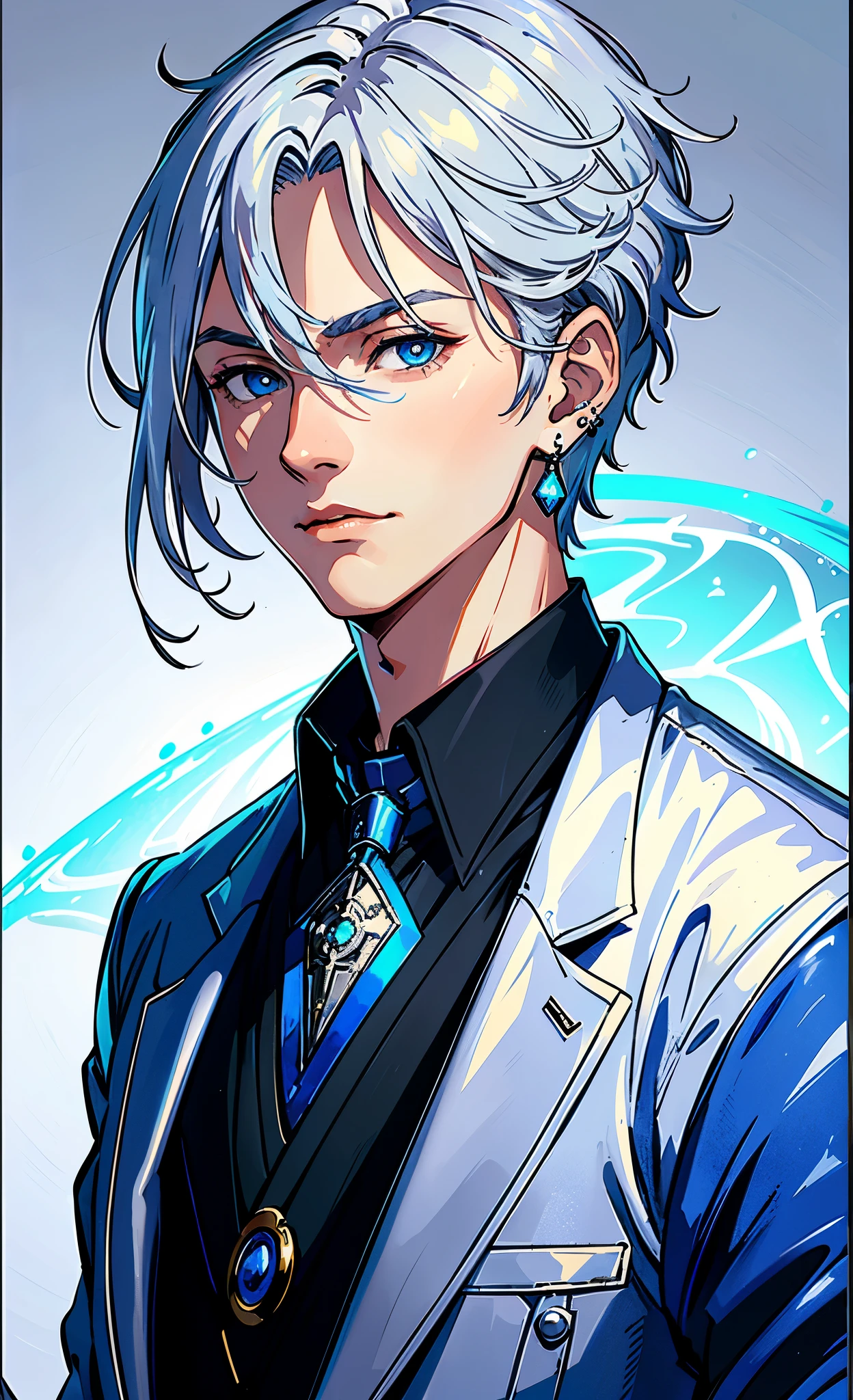 (best quality, masterpiece), portrait, 1 boy, solo, magician, (silver hair, short), ( blue eyes), a long earring in one ear, blue medallion, black shirt, white pants, (sunset background), blue light enveloping it