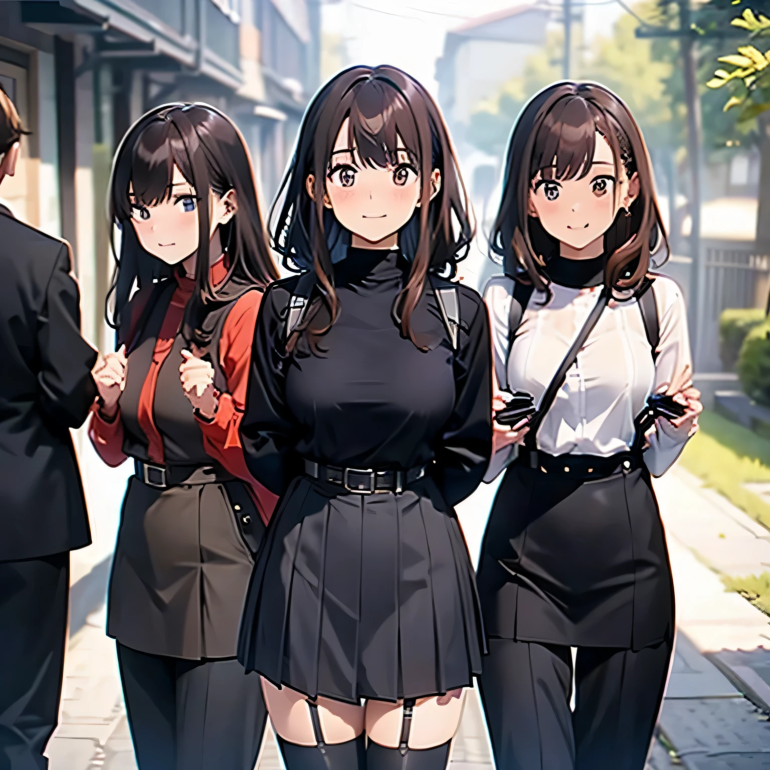 Anime characters standing in a row on a sidewalk with a woman in a black  dress - SeaArt AI