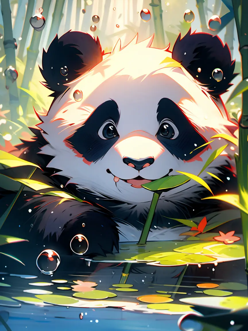 1 cute panda, face closeup, portrait, furry, leaves, no man, water, blisters, bubbles, more details, rich colors, cute smile, be...