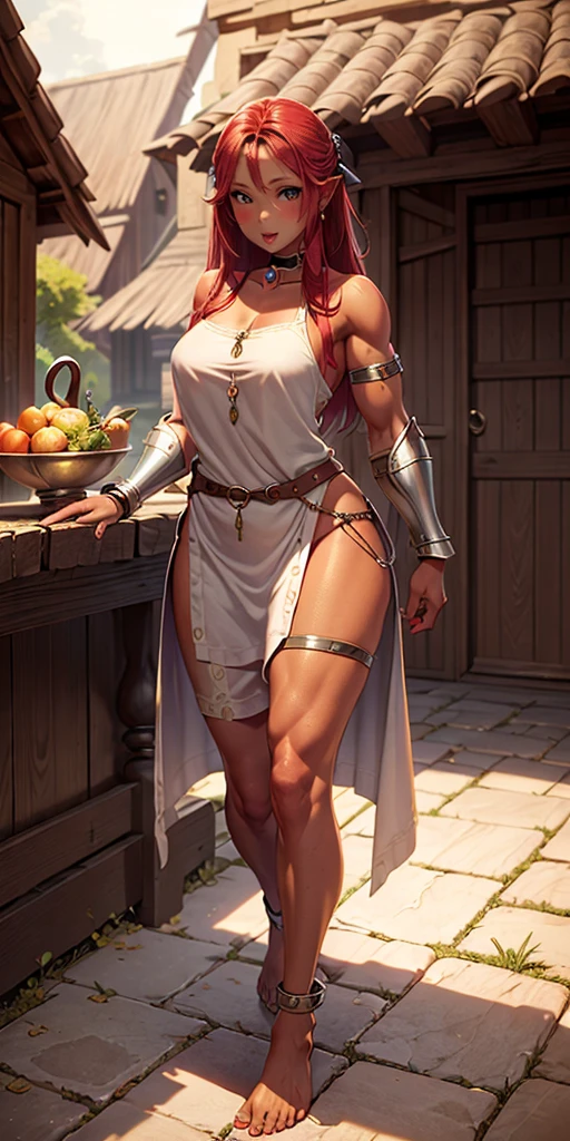 full body, female slave barefoot, Solo, female, (red skin), linen tunic, fantasy village, muscular, armor, slave outfit, armor, slave, bracers, shackles, choker