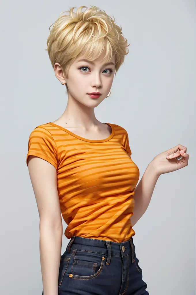 short hair,blonde hair,orange shirt